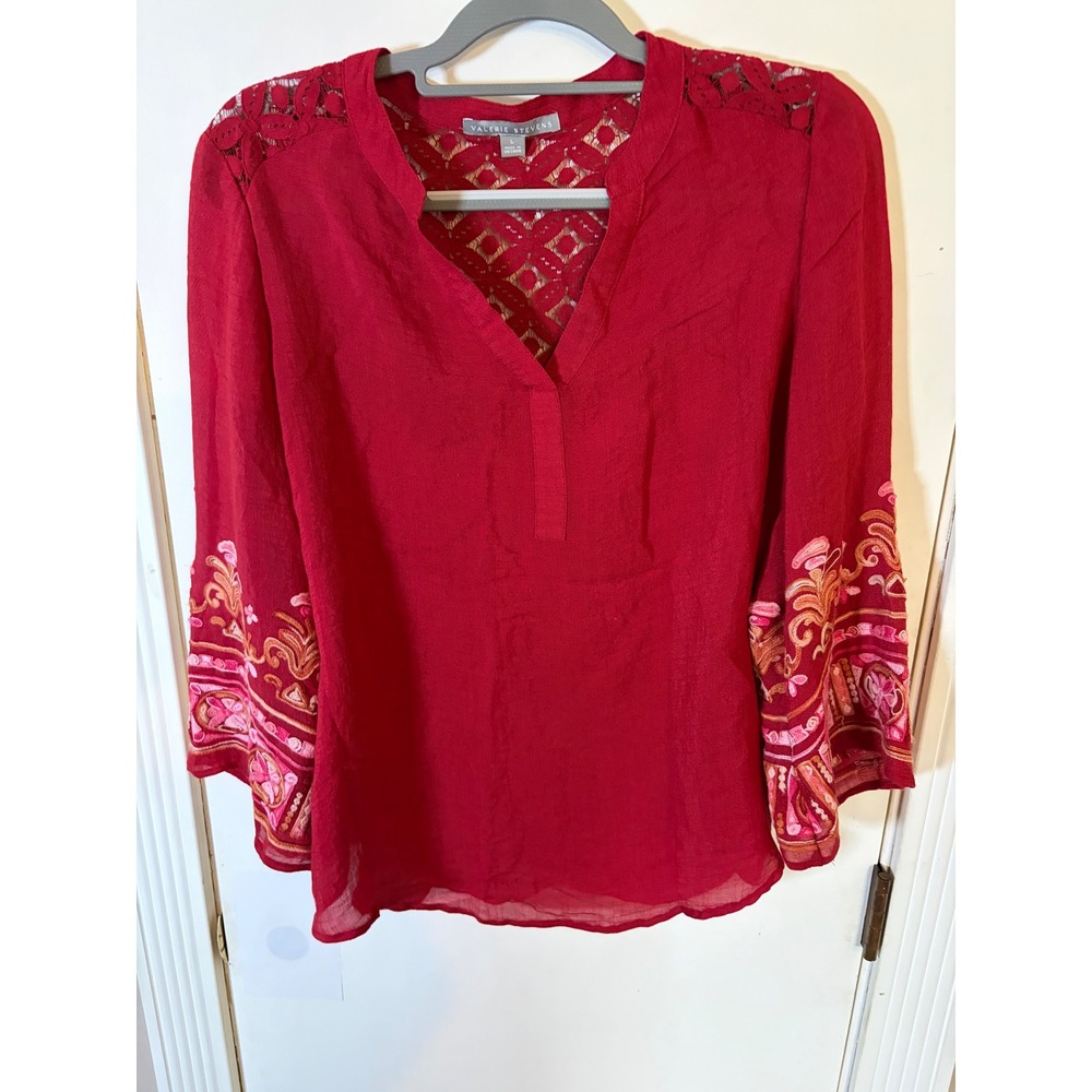 Valerie Stevens Red Boho Lace Back Embroidered Sleeve Blouse Top L LUC2204TK